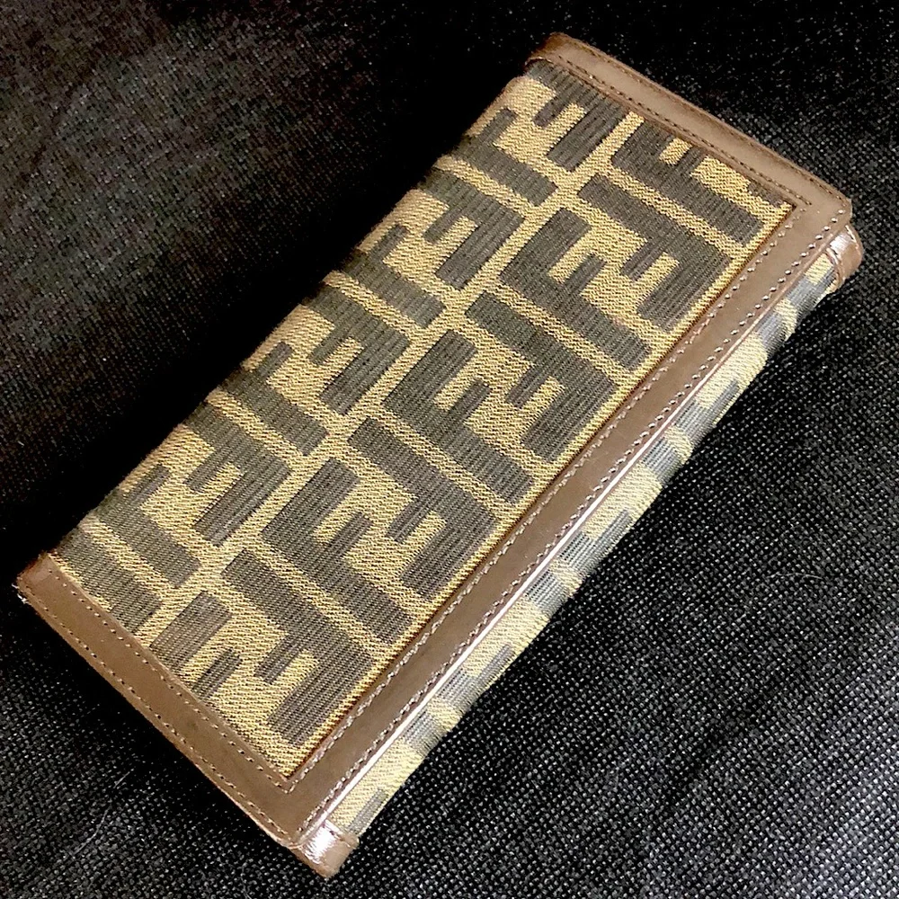FENDI Zucca Navy Canvas and Brown Leather Snap Bifold Wallet